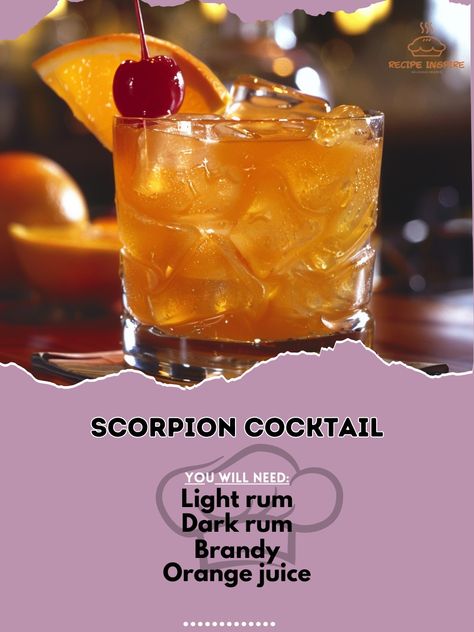 🦂 Spice up your night with a Scorpion Cocktail! #ScorpionCocktail #TropicalTwist Scorpion Cocktail Ingredients: Light rum (1 oz) Dark rum (1 oz) Brandy (1/2 oz) Orange juice (2 oz) Lemon juice (1 oz) Orgeat syrup (1/2 oz) Instructions: Shake all ingredients with ice. Strain into a glass filled with ice. Garnish with an orange slice and cherry. Embrace the bold, exotic flavors of the Scorpion Cocktail and transport yourself to a tropical paradise! 🍊🍹 #TropicalEscape #ExoticDrinks #Cheers Scorpion Cocktail, Yummy Alcoholic Drinks, Light Rum, Orange Slice, Cocktail Ingredients, Tropical Escape, Dark Rum, Orange Slices, Non Alcoholic