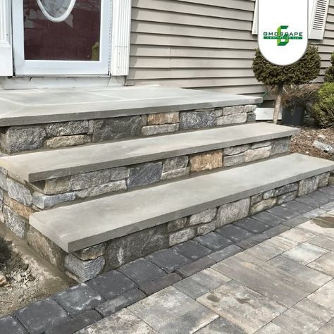 📞Contact us at: (203) 343-0904 for a Free estimate on your patio project in Connecticut #landscape #pooldecks #outdoorliving #backyarddesign #easthartford #patio #design #landscaping #decks Exterior Front Steps, Patio With Steps Down From House, Backdoor Steps To Patio, Connecticut Landscape, Front Porch Stone Steps, Fireplace Outdoors, Stoop Ideas, Front Porch Stone, Patio Stairs