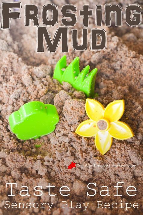 Sensory Play: Taste Safe Mud Recipe Using Frosting (Perfect for flowers and garden play, dinosaurs, bugs, and more!) Food Safe Sensory Play, Taste Safe Mud, Taste Safe Sensory Play, Taste Safe Sensory, Mud Recipe, Playing Preschool, Edible Sensory Play, Mud Play, Sensory Play Recipes