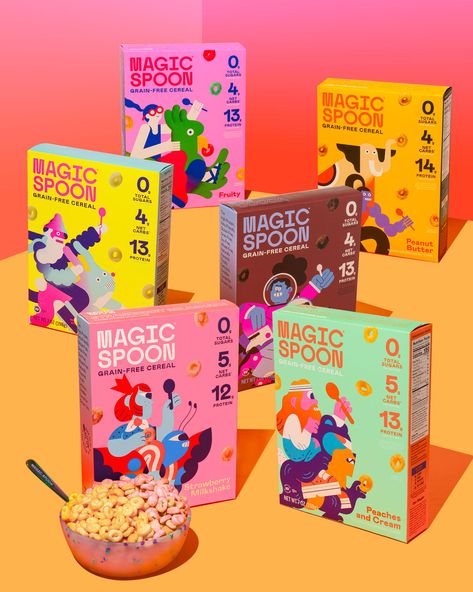 Storytelling Packaging Design, Childish Graphic Design, Cereal Box Design Ideas, Bold Packaging Design, Cereal Box Packaging, Cereals Photography, Sweet Branding, Magic Spoon Cereal, Cereals Packaging Design