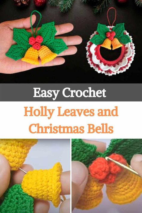 Right now it's all about crochet Christmas decorations, that's why today we're sharing these holly leaves, berries and crocheted Christmas bells. This Christmas ornament is very suitable and beautiful to decorate your Christmas tree, you can also decorate a Christmas wreath to put in your house or on your front door. This project is perfect if you want to do something quick and easy, with all the Christmas spirit. The author used 100% polyester lightweight yarn of different colors and a 2.00... Crochet Bells Christmas, Crochet Beaded Christmas Ornaments, Christmas Scrunchies Crochet, Crochet Christmas Wreath Pattern Free, Crochet Christmas Wreath Ornament Free Pattern, Crochet Holly Leaves, Crochet Bells, Christmas Wreaths Crochet, Christmas Wreath Crochet Patterns Free