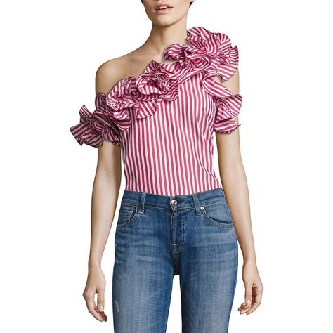 Petersyn Arabella Ruffled Striped One-Shoulder Top found on Polyvore featuring polyvore, women's fashion, clothing, tops, blouses, short-sleeve blouse, blue stripe blouse, one shoulder blouse, blue striped blouse and blue striped top Blue Striped Blouse, Frilly Blouse, Diploma Courses, Fashion Designing, Elegante Casual, One Shoulder Tops, Striped Blouse, Blouse Styles, Eminem