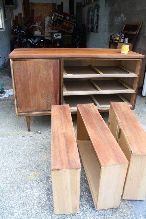 Sanded, and wood conditioned. Ready for stain! Stain Teak Furniture, Refinish Mid Century Dresser, Refurbished Mid Century Furniture, Mid Century Credenza Makeover, Refinishing Mid Century Furniture, Sanding Mid Century Furniture, Teak Refinishing, Mid Century Modern Furniture Redo, Modern Furniture Table