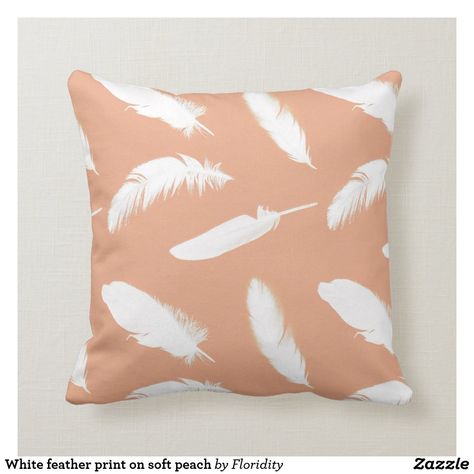 White feather print on soft peach throw pillow Peach Pillows Couch, Peach Pillow, Coral Peach, Feather Print, White Feathers, Peach Pink, White Pillows, Couch Pillows, White Shop