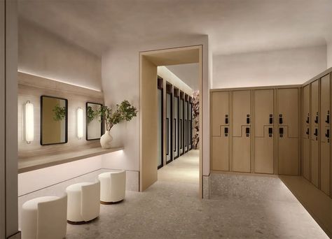 With the Savoy Club, Forgarty Finger Brings a 1960s Spirit Back to the General Motors Building | Architectural Record Fogarty Finger, Luxury Gym, Locker Designs, Wc Design, Room Gym, Restroom Design, Spa Interior, Gym Aesthetic, Public Bathrooms