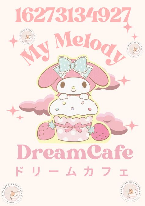 My Melody Decals Bloxburg, Hello Kitty Cafe Bloxburg, Sanrio Decals Bloxburg, Cafeteria Bloxburg, Tropical Home Exterior, Sanrio Cafe, Cafe Hello Kitty, Cafe Icon, Bloxburg Decals Codes Aesthetic