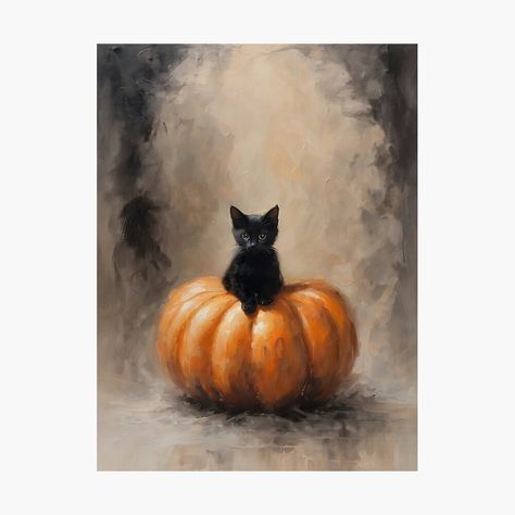 Cat On A Pumpkin, Ghost Portrait, Moody Halloween, Cat In Pumpkin, Black Cat And Pumpkin, Halloween Watercolor, Chat Halloween, Gothic Witch, Halloween Gothic