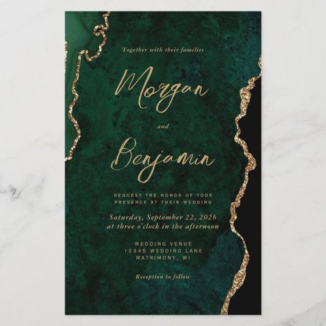 Budget Emerald Green Agate Script Wedding Invite  Zazzle Emerald Green And Gold Wedding Invitations, Emerald Green Wedding Invitations Template, Emerald Wedding Stationery, Wedding Invitation Card Design Emerald Green, Wedding Invitations Emerald Green And Gold, Modern Handwriting, Forest Green Wedding, Green Gold Weddings, Script Wedding Invitations