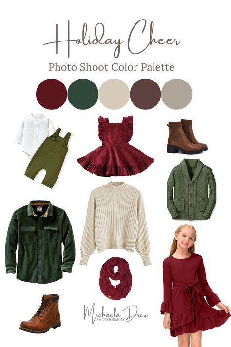 Christmas Color Photo Shoot, Xmas Photo Outfit Ideas, Christmas Family Outfits Color Schemes, Red Green Cream Family Pictures, Christmas Family Photos Color Palette, Christmas Photo Shoot Color Scheme, Winter Photo Shoot Color Scheme, Christmas Photo Clothing Ideas, Green And Tan Christmas Pictures