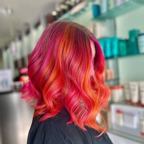 33+ Eye-Catching Pink And Orange Hair Ideas Orange And Pink Highlights, Orange To Pink Hair, Pink And Orange Hair Ombre, Orange Hair Ideas, Ginger Hair With Pink Highlights, Orange Pink Hair, Pink Orange Hair, Copper And Pink Hair, Purple Pink Orange Hair