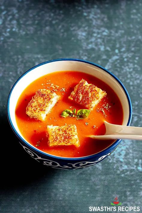 Swasthi's Recipes Oat Bran Recipes, Recipe With Fresh Tomatoes, Tomato Soup Healthy, Authentic Indian Recipes, Best Tomato Soup, Vegetarian Meat, Indian Vegetarian Recipes, Tomato Soup Easy, Indian Recipes Authentic