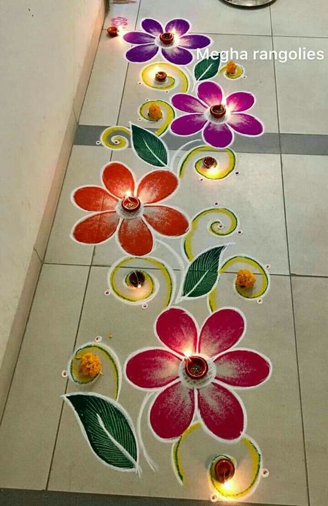 Border Rangoli Designs, Simple Flower Rangoli, Easy Rangoli Designs Videos, Border Rangoli, Very Easy Rangoli Designs, Rangoli Designs Photos, Rangoli Designs Simple Diwali, Easy Rangoli Designs Diwali, Rangoli Side Designs