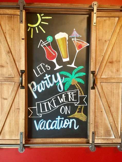 Summer chalkboard art Restaurant Chalkboard Ideas Summer, Tropical Chalkboard Art, Summer Chalkboard Art Ideas, June Chalkboard Art, Summer Chalkboard Ideas, Bar Chalkboard Ideas, Chalk Art Coffee, Sidewalk Chalkboard Sign, Spring Chalkboard Art