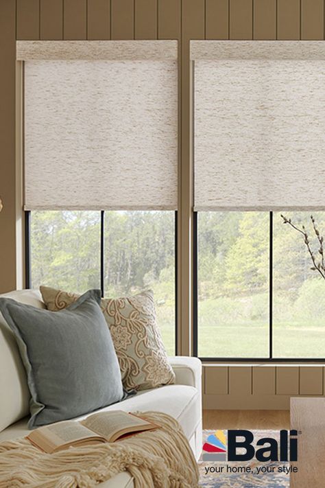 Select Blinds Roller Shades, Bali Shades Window Treatments, Bali Roller Shades, Linen Roller Shades, Modern Roller Blinds Living Rooms, Roller Shade Ideas, Outside Mount Roller Shades, Roller Shades With Curtains, Roller Shades Kitchen