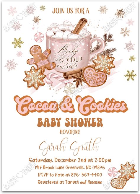 Quickly personalize. Includes matching thank you card.   Host a successful baby shower starting with this cocoa & cookies white invite!   You can edit this product yourself, during and/or after purchase. Print or send as an Evite.  Image watermarks will be removed after purchase.  The dimensions are 5"x7". Pink Christmas Baby Shower Invitations, Cinnamon Roll Baby Shower Theme, Baby Sprinkle Christmas Theme, Gingerbread Themed Baby Shower Ideas, Pajama Baby Shower Theme, January Baby Girl Shower Ideas, January Baby Shower Ideas Themes, Cookies And Cocoa Baby Shower Ideas, December Baby Sprinkle Ideas