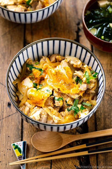 Oyakodon is cooked in one pan where the onions, chicken, and egg are simmered in an umami-rich, dashi-based sauce. It is then poured over a bowl of fluffy steamed rice. Simple, delicious, and utterly comforting, this is the kind of one-bowl meal you can cook in less than 30 minutes! #oyakodon #donburi #ricebowl | Easy Japanese Recipes at JustOneCookbook.com Chicken And Egg Rice Bowl, Oyakodon Recipe, Donburi Recipe, Egg Rice Bowl, Rice Bowl Recipes, Gastronomy Food, Egg Rice, Just One Cookbook, Japanese Rice Bowl