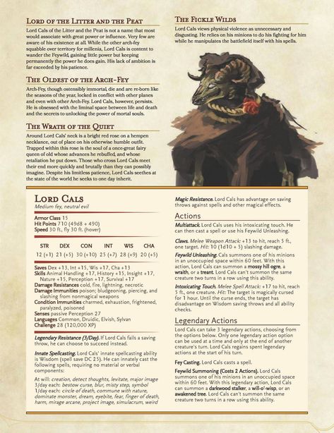 Lord Cals of the Litter and the Peat: Crotchety old arch-fey, version 2 with some extra stuff added based on bits of feedback here and there; he still hates millenials though - Imgur 5e Enemies, Worldbuilding Races, Arch Fey, Rpg Creatures, Homebrew Monsters, Dnd Creatures, Guerriero Samurai, Dungeons And Dragons Rules, Monster Manual