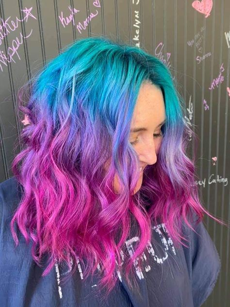 Bright Summer Hair Color Fun, Spring Vivid Hair Color, Multi Coloured Hair, Crazy Colored Hair, Blue And Pink Hair Ombre, Summer Vivid Hair Color, Unnatural Hair Color Ideas, Multi Color Hair Ideas, Bright Hair Color Ideas