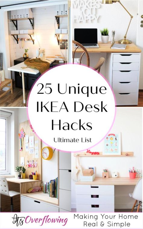 25 IKEA Desk Hacks To Build Your own Desk • Its Overflowing Ikea Build Your Own Desk, Ikea Kallax Desk Hack Kids, Ikea Computer Desk Ideas, Micke Desk Ikea Hack, Micke Ikea Desk Ideas, Ikea Malm Desk Hack, Desk Wall Ideas, Micke Desk Hack, Micke Desk Ikea Ideas