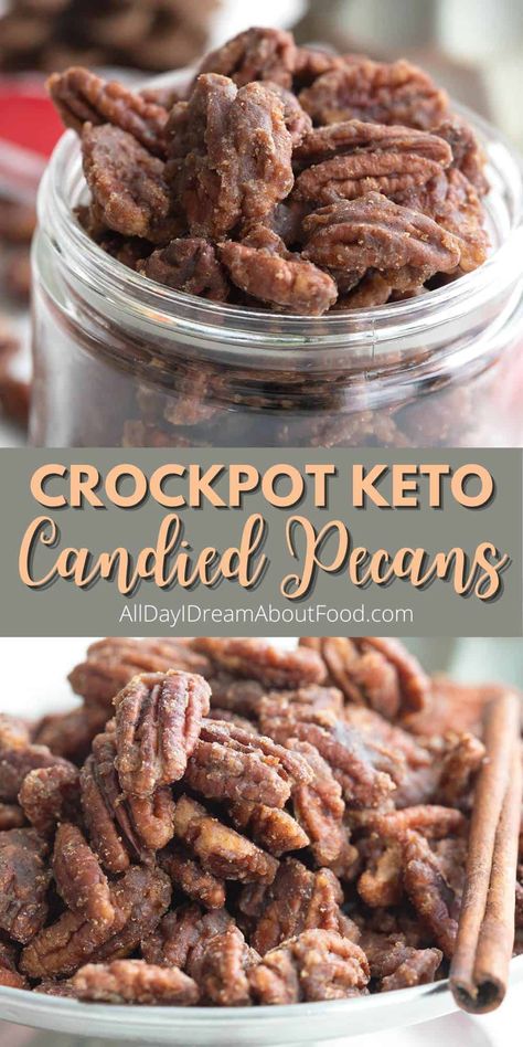 Keto Sweet And Salty Snacks, Keto Roasted Pecans, Low Carb Pecan Recipes, Keto Candied Nuts Recipes, Low Carb Candied Pecans, Keto Friendly Christmas Treats, Keto Nut Recipes, Keto Crockpot Candy, Keto Candied Almonds