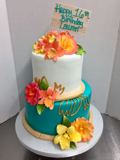 Sweet 16 Hawaiian Theme Cake, Tropical 40th Birthday Cake, Hawaii 5-0 Birthday Cake, Sweet 16 Luau Cake, Tropical Cake Ideas Hawaiian Theme, Luau Graduation Cake, Hawaiian Luau Cake Ideas, Hawaiian Cake Ideas Luau Birthday, Luau Party Cake Ideas