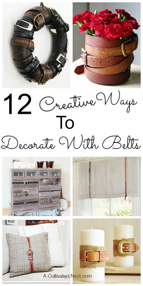 Ideas for repurposing and decorating with old belts. These are all such great ideas you may want to go thrifting to get some old belts if you don't have any! Uses For Old Leather Belts, Upcycled Belts, Belt Crafts, Leather Belt Crafts, Belt Ideas, Upcycling Projects, Upcycle Repurpose, Diy Home Decor Ideas, Upcycled Home Decor