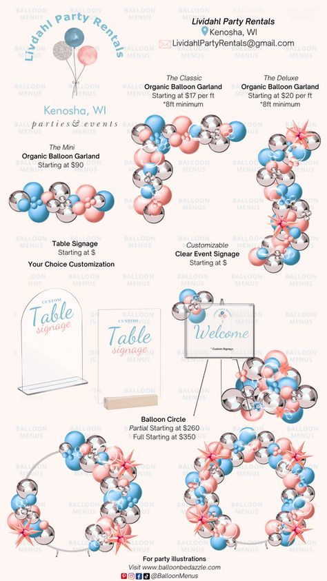 All Balloon Menus – Page 4 Party Rental Ideas, Balloon Business, Balloons Galore, Balloon Template, Balloon Prices, Balloon Garland Diy, Menu Designs, Small Balloons, Packaging Ideas Business