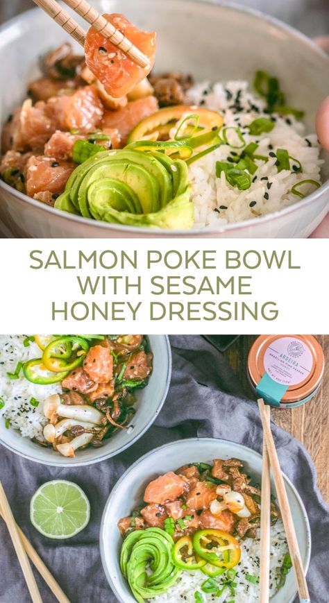 This Salmon Poke Bowl is the perfect recipe for an easy homemade lunch! Light yet nutritious and topped with a Sesame Honey dressing sauce. Packed with protein and good flavors! You can always switch salmon for the fish of your choice if you prefer. #pokebowl #salmon #salmonpokebowl #sesamehoney #honey Honey Dinner Recipes, Easy Weekend Lunch, Salmon Sesame, Salmon Poke Bowl Recipe, Salmon Honey, Honey Dinner, Salmon Poke Bowl, Poke Bowl Recipe, Salmon Poke