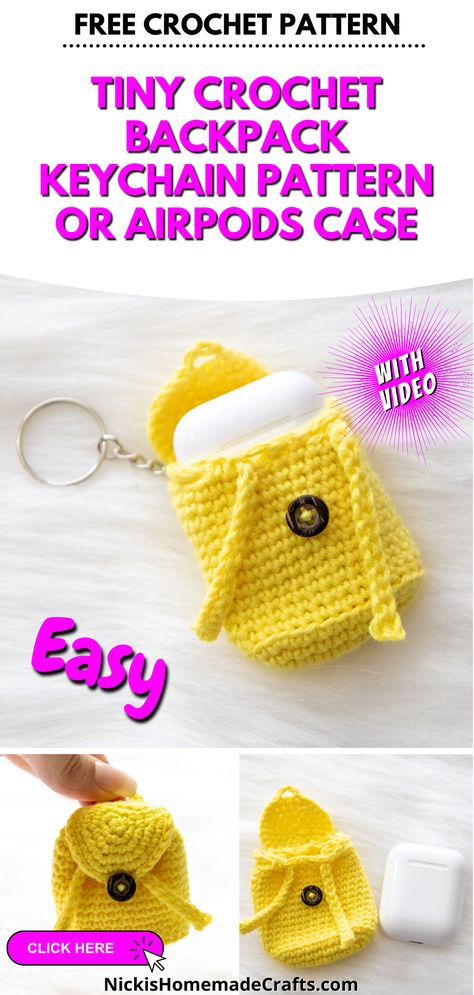 Are you constantly losing valuable time looking for your AirPods? If you have an hour and a small amount of yarn, you can easily make this adorable crochet airpods case. Add a keychain to and you can clip it to your purse or belt loop. Then you will always have your earbuds handy. Get the crochet pattern free from Nicki's Homemade Crafts. #oneskeincrochetpatterns #crochetkeychainpattern #scrapyarncrochetprojects Crochet Airpods Case Keychain, Crochet Ear Bud Case, Crochet Ear Pods Case, Crochet Ear Pod Case, Ipod Crochet Case Pattern, Crochet Backpack Keychain, Crochet Ear Pod Case Pattern Free, Earbud Case Crochet Pattern, Air Pods Case Crochet Pattern