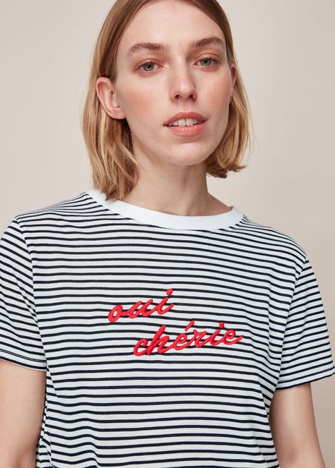 Blue/Multi Oui Cherie Stripe Logo Tshirt | WHISTLES | Whistles Floral Print Tops, Shades Of White, Logo Tees, Art Clothes, Tshirt Logo, Print Tops, Blue Stripes, White Jeans, Knit Top