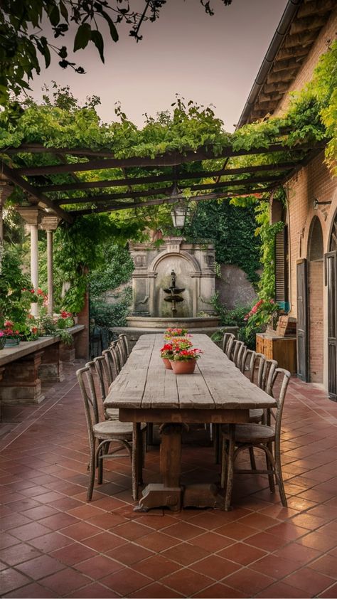 Outdoor Dining on a Rustic Tuscany Patio Patio Stone Deck, Dining Al Fresco, Tuscany Patio, Vineyard Garden, Tuscany Vineyard, Spanish Homes, Stone Deck, Mediterranean Interior Design, Tuscany Style