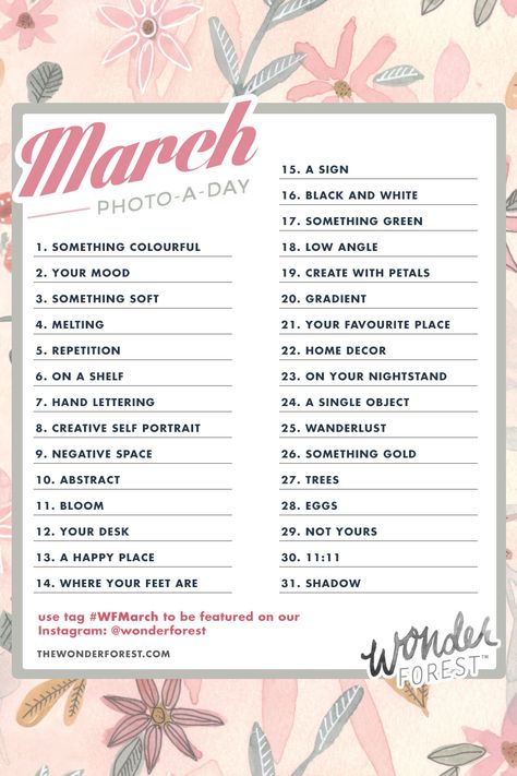 March Photo Challenge for Instagram Photo Challenge Instagram, March Photo Challenge, Photo A Day Challenge, Photo Prompts, Day List, Instagram Challenge, Squat Challenge, Monthly Photos, Photography Challenge