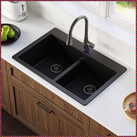 Black Sink Kitchen, Composite Kitchen Sinks, Quartz Sink, Modern Kitchen Sinks, Drop In Kitchen Sink, Black Kitchen Sink, Kitchen Sink Design, Black Sink, White Counters