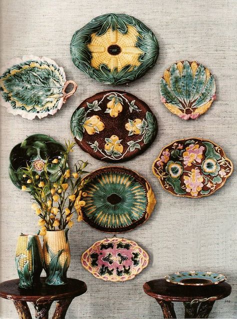 Beautiful Majolica collection on display. Plates On The Wall, Vignette Design, Majolica Pottery, Oyster Plates, Plate Decor, Plate Display, Vintage Pottery, Inspiration Art, Displaying Collections