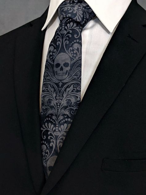 Business Casual Goth Men, Corporate Goth Men, Goth Aesthetic Men, Goth Mens Fashion, Skull Tie, Charcoal Background, Make A Tie, Goth Guys, Corporate Goth