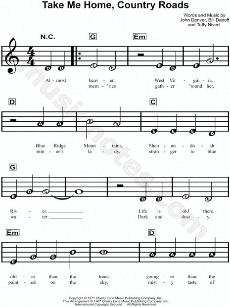 Print and download Take Me Home, Country Roads sheet music by John Denver. Sheet music arranged for Piano/Vocal/Chords in C Major. #learnpiano Sheet Music For Beginners, Music For Beginners, Piano Songs Sheet Music, Take Me Home Country Roads, Piano Sheet Music Letters, Piano Music Easy, Piano Notes Songs, Trumpet Sheet Music, Trumpet Music