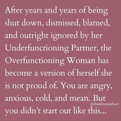 When you're Overfunctioning, you are tolerating so much that feels intolerable. 😫 You are making do with little to no meaningful connection, and trying to survive in a relationship that feels so emotionally unsafe. And, as a result, you are becoming a version of yourself you're not proud of. I know. I've been there. 🥀 Part of your healing is to see that this is what happens when you consistently spend time in a relationship that is not working for you. 💔 Your body WILL develop big, gn... Feeling Unheard In A Relationship, Time In A Relationship, Feeling Unheard, Talk To Me Quotes, Difficult Relationship Quotes, Connection Quotes, Trying To Survive, Mental Healing, Narcissism Relationships