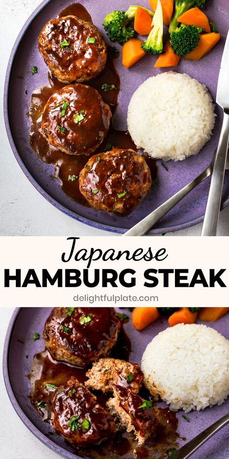 a plate of Japanese hamburger steak served with rice and vegetables Japanese Hamburger, Hamburg Steak, Juicy Hamburgers, Easy Japanese Recipes, Resep Salad, Mapo Tofu, Hamburger Steak, Oreo Brownies, Steamed Vegetables