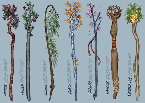 "Staff of the Woodlands, variations [Art]" by TheGreatWiz_Rose on Reddit Druid Quarterstaff, Druid Staff Design, Druid Dnd Aesthetic, Druid Aesthetic Dnd, Flower Staff, Nature Staff, Fairy Staff, Fairy Props, Druid Staff