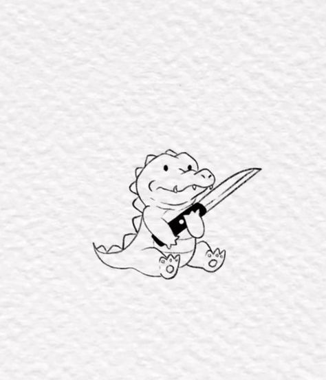 Cartoon Alligator Tattoo, Dino Holding Knife Tattoo, Crocodile Tattoo Cute, Dinosaur Holding Knife Tattoo, Thruple Tattoos, Alligator Tattoo Cute, Dinosaur With Knife Tattoo, Animal With Knife Tattoo, Walkin Tattoo Ideas