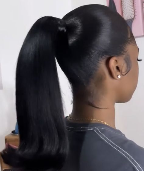 Slick Back Ponytail Curled Ends, Slicked Back High Ponytail Middle Part, Mid Barbie Ponytail, Black Hair Slick Ponytail, Slik Back High Pony, Barbie Ponytail Black Women, Bumped Ends, Cap Rising, Ponytail Bump