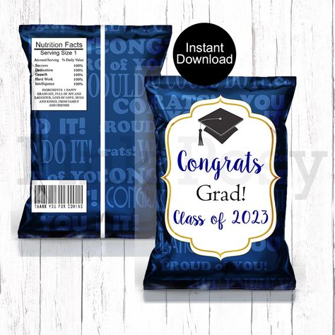 Graduation Chip Bags, Navy Blue Theme, Outdoor Griddle, Graduation Treats, Brochure Paper, Graduation Party Favors, Graduation Favors, Blue Theme, Chip Bags