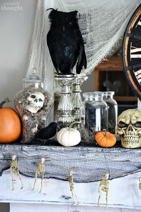 Spooky Halloween Mantel #halloween #halloweenmantel #manteldecor #halloweendecor #awonderfulthought Halloween Room Decor Diy, Halloween Dorm, Room Decor Halloween, Halloween Living Room Decor, Halloween Dining Room, Halloween Living Room, Halloween Room, Halloween Mantel, Halloween Room Decor