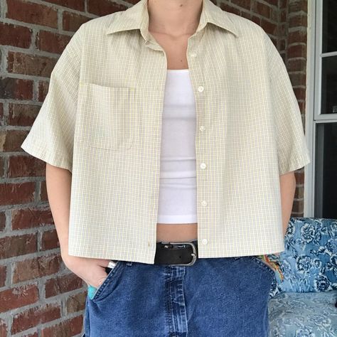 Reworked Checked Mens Cropped Button up Tee Shirt. ... - Depop Cropped Button Up Shirt, Button Down Outfit, Cropped Button Down, Shirt Outfit Men, Button Up Shirt Mens, Crop Shirt, Shirt Outfit, Button Up Shirts, Button Up