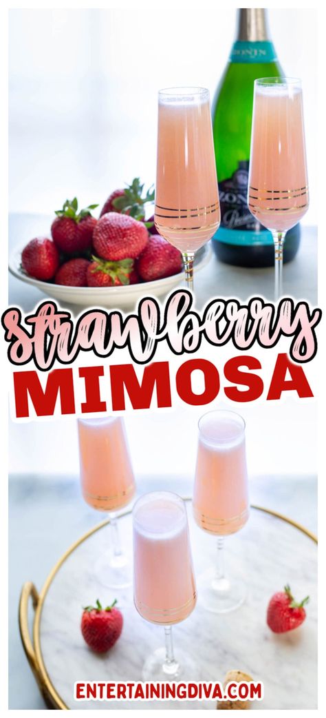 Strawberry Mimosas (With Fresh Or Frozen Strawberries) | Party Cocktails Strawberry Mimosas, Mimosas Recipe, Frozen Strawberry Recipes, Classic Mimosa, Sonic Cherry Limeade, Strawberry Mimosa, Mimosa Recipe, Jello Shot, Party Cocktails