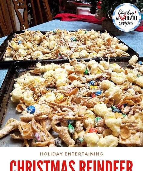 Puffcorn Christmas Munch, Almond Bark Puffcorn, Reindeer Mix Recipe, Almond Bark Popcorn, Sweet Party Mix, Reindeer Snack, Frito Recipe, Almond Bark Recipes, Chex Recipes