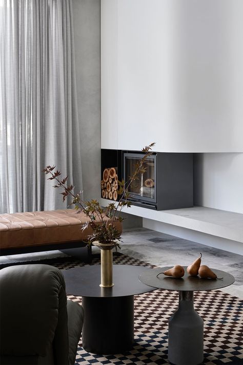 tan sofa beside a fireplace in living room Interior Colour Palette, Fireplace Wood Storage, Chic Fireplace, Monochrome Home, Grey Living Room, Fireplace Wood, Living Room Fireplace, Interior Colour, Ligne Roset