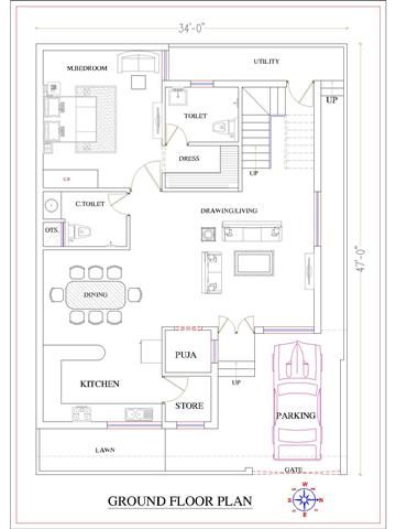 Duplex House Plan | 34*47Double Storey Home Plan | 1598sqft East Facing House Plan 30x50 Duplex House Plans East Facing, Duplex House Plans Double Storey, 35x50 House Plans, 30x50 House Plans East Facing, Duplex House Plans East Facing, South Facing House Plan, North Facing House Plan, Small House Design Floor Plan, 1200sq Ft House Plans