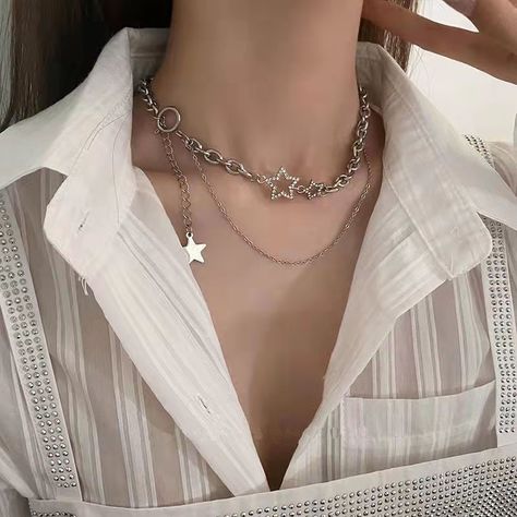 Shiny Star pendant Layered Necklace Y2k Jewelry for Women 2023 Fashion Pentagram Silver Color Choker Y2k Pattern, Chain Necklace Silver, Star Decor, Star Charm Necklace, Y2k Jewelry, Layered Chain Necklace, Layered Chain, Star Chain, Sparkle Jewelry