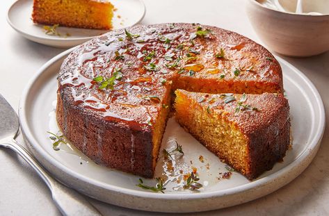 Waitrose Recipes Vegetarian, Olive Oil Honey Cake, Polenta Cake Recipes, Thyme Cake, Lemon Polenta Cake, Waitrose Food, Polenta Cake, Polenta Cakes, Nourishing Traditions